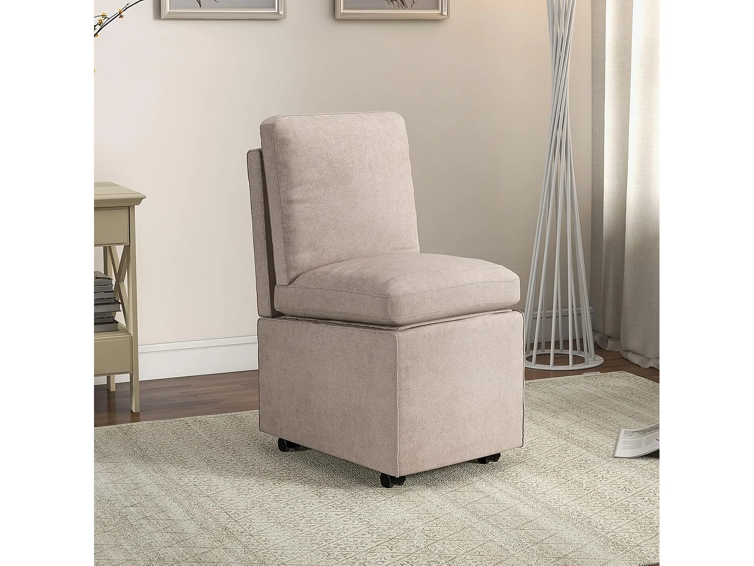 Gestoffeerde woonkamerstoel met opbergruimte en wielen, stoffen fauteuil zonder armleuningen met afneembare kussens, opbergpoef met rugleuning voor woonkamer, slaapkamer, kantoor (stijl 1)