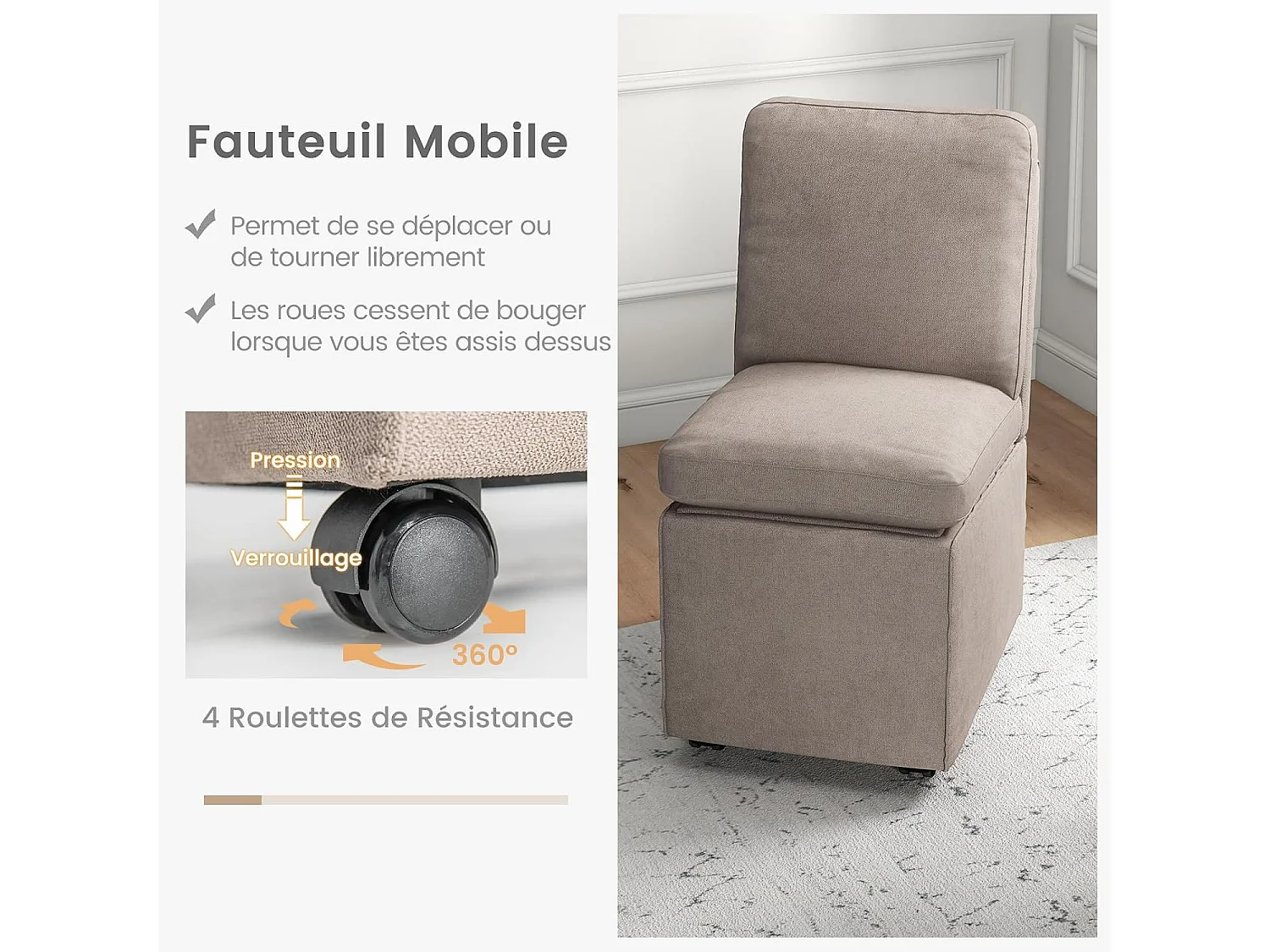 Gestoffeerde woonkamerstoel met opbergruimte en wielen, stoffen fauteuil zonder armleuningen met afneembare kussens, opbergpoef met rugleuning voor woonkamer, slaapkamer, kantoor (stijl 1)