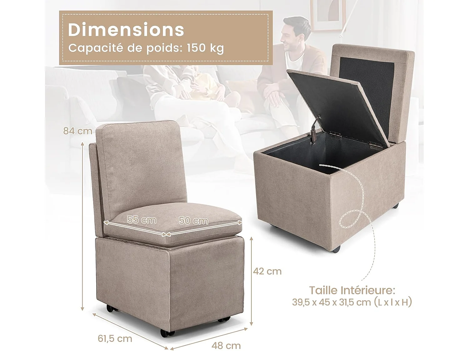 Gestoffeerde woonkamerstoel met opbergruimte en wielen, stoffen fauteuil zonder armleuningen met afneembare kussens, opbergpoef met rugleuning voor woonkamer, slaapkamer, kantoor (stijl 1)