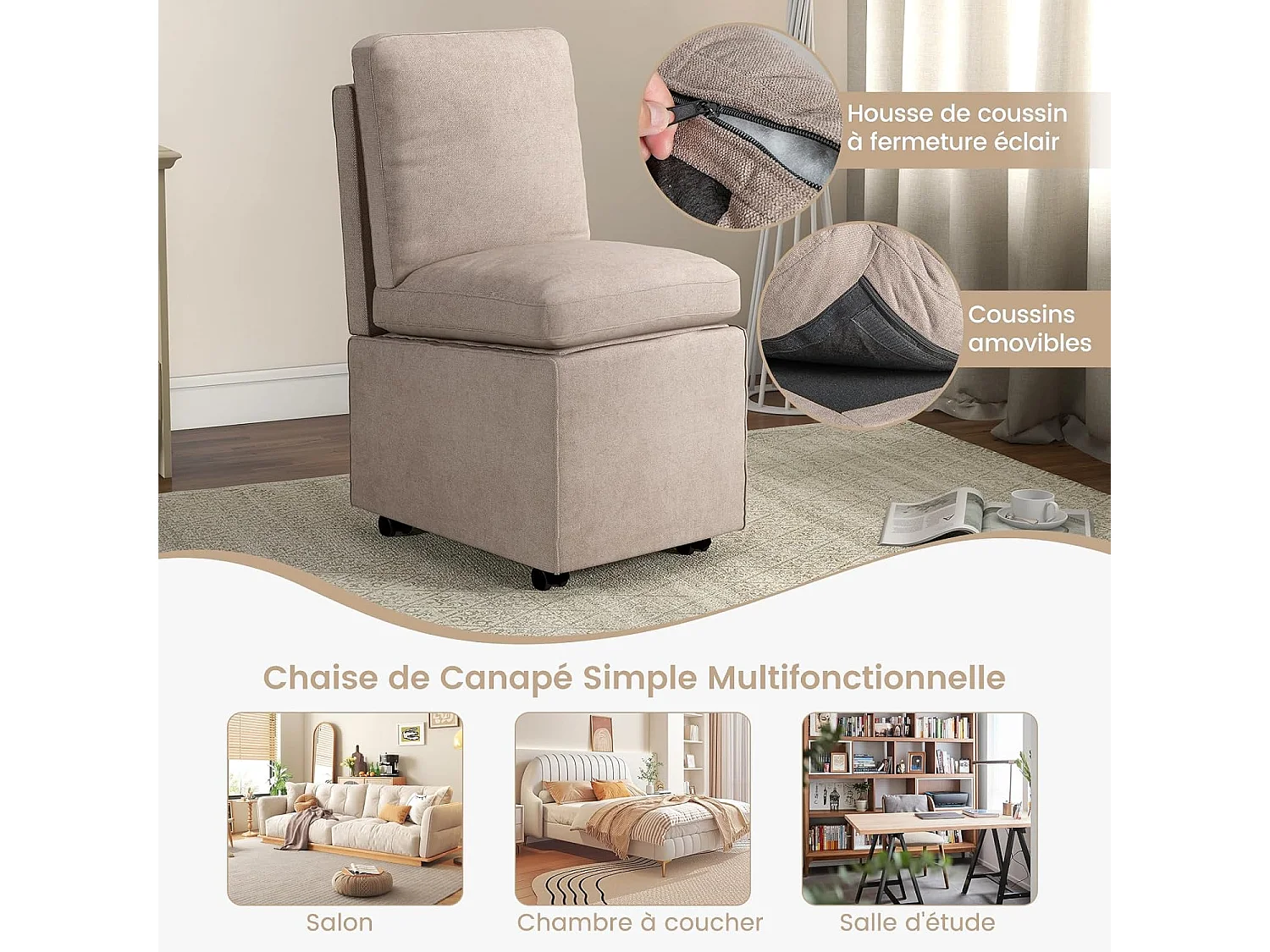 Gestoffeerde woonkamerstoel met opbergruimte en wielen, stoffen fauteuil zonder armleuningen met afneembare kussens, opbergpoef met rugleuning voor woonkamer, slaapkamer, kantoor (stijl 1)