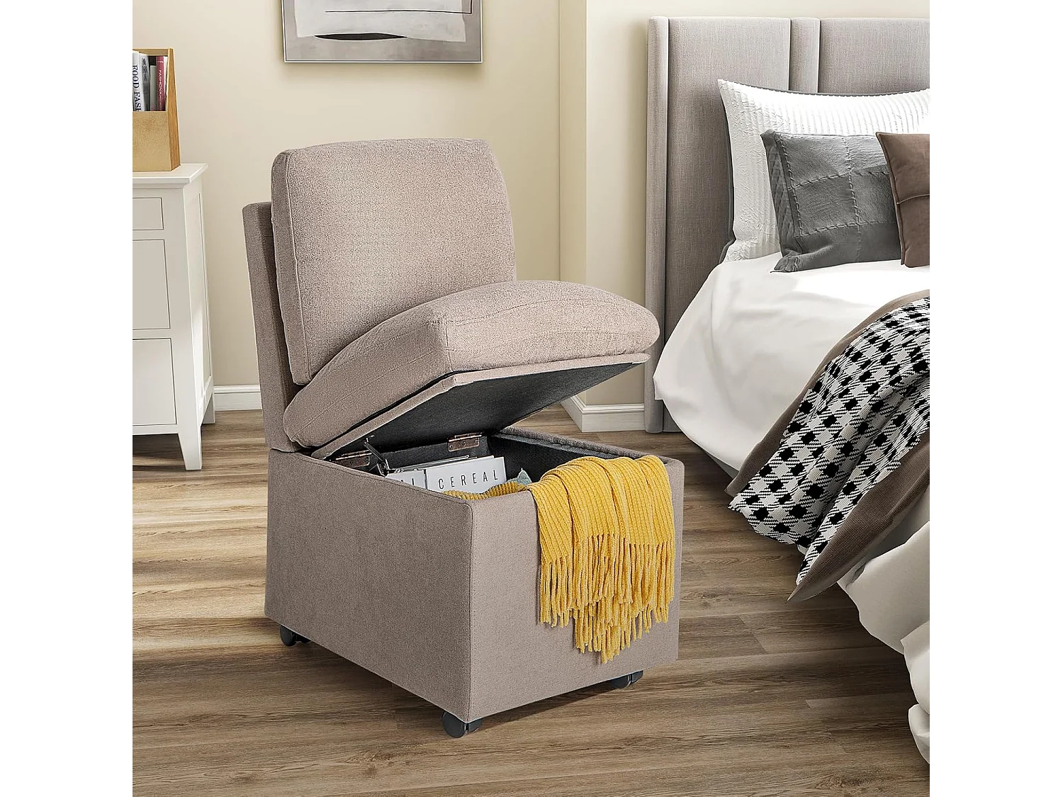 Gestoffeerde woonkamerstoel met opbergruimte en wielen, stoffen fauteuil zonder armleuningen met afneembare kussens, opbergpoef met rugleuning voor woonkamer, slaapkamer, kantoor (stijl 1)