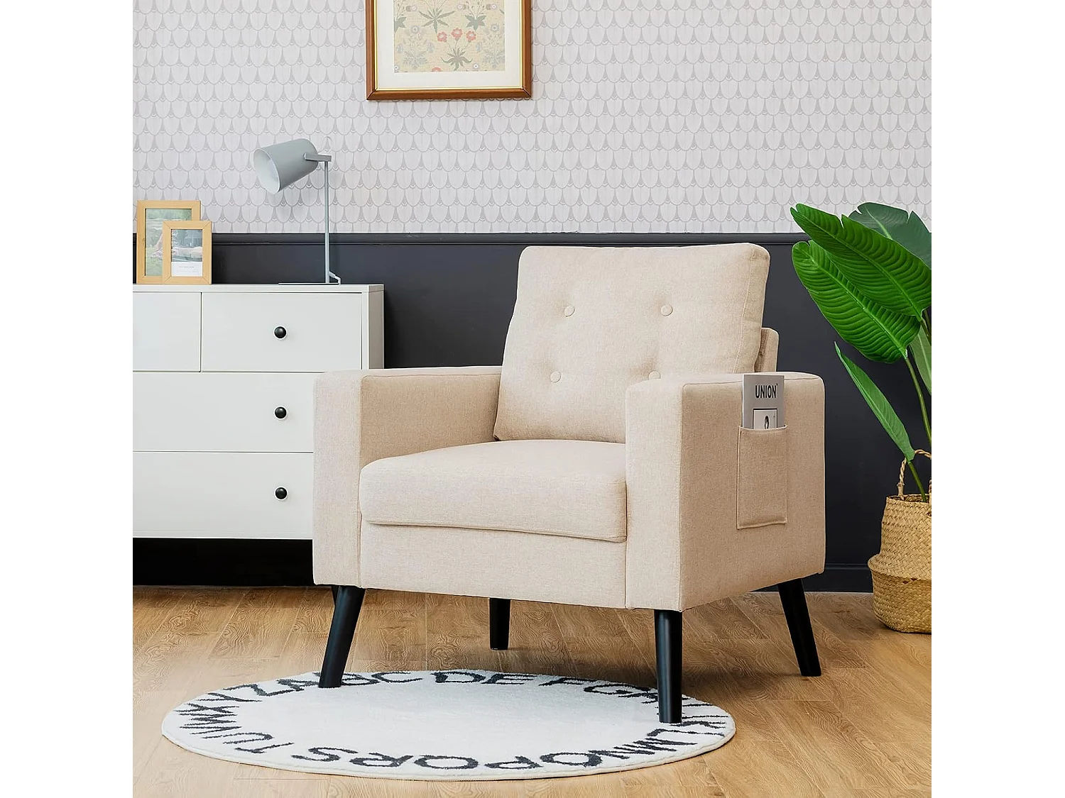 Fauteuil de Salon 1 Personne, Style Scandinave, Canapé 1 Place avec Pieds Bois d’Hévéa, 2 Poches Latérales, pour Salon, Bureau, Profondeur d'assise 53 cm (Beige)