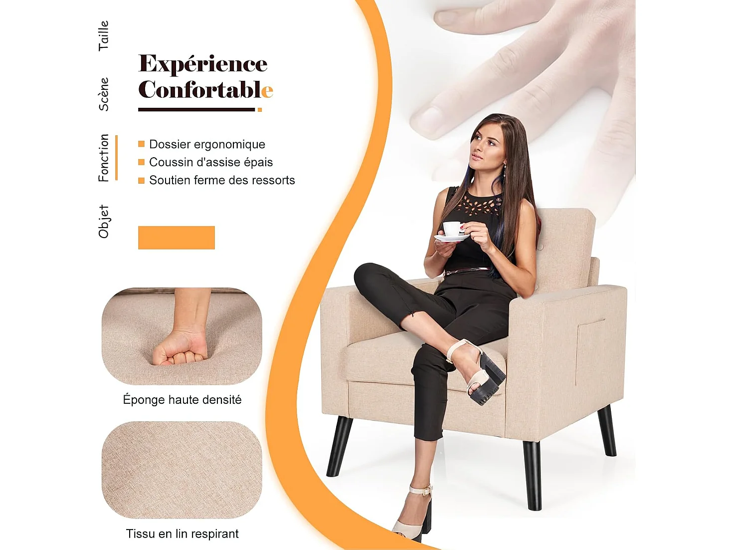 Fauteuil de Salon 1 Personne, Style Scandinave, Canapé 1 Place avec Pieds Bois d’Hévéa, 2 Poches Latérales, pour Salon, Bureau, Profondeur d'assise 53 cm (Beige)