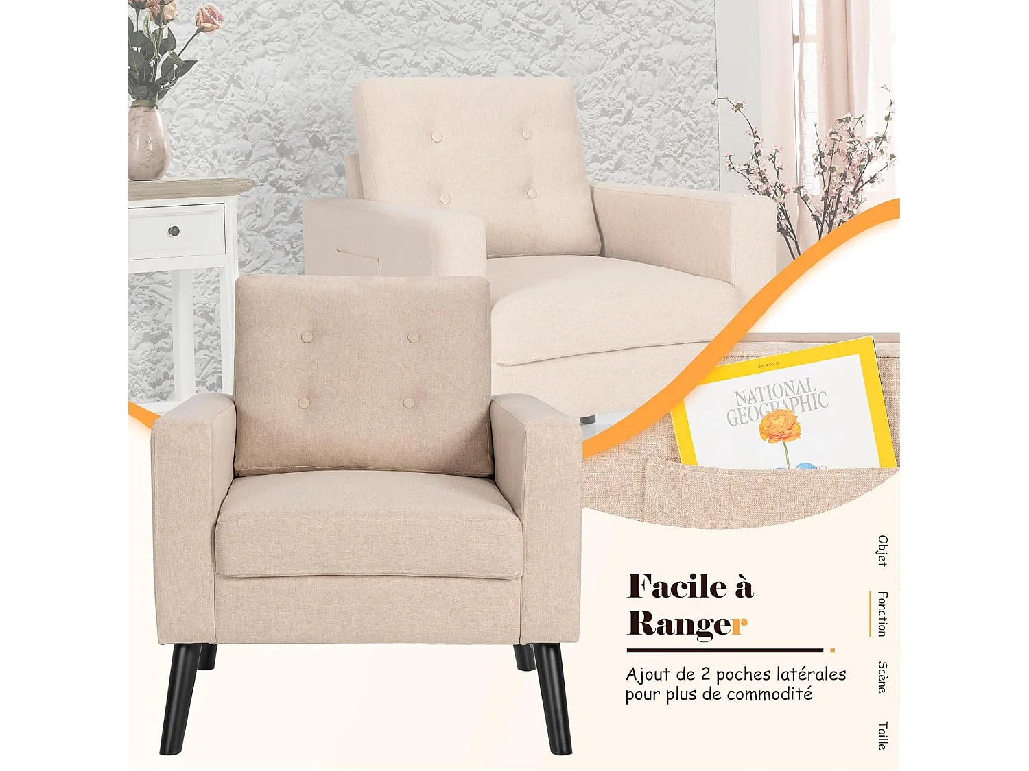 Fauteuil de Salon 1 Personne, Style Scandinave, Canapé 1 Place avec Pieds Bois d’Hévéa, 2 Poches Latérales, pour Salon, Bureau, Profondeur d'assise 53 cm (Beige)