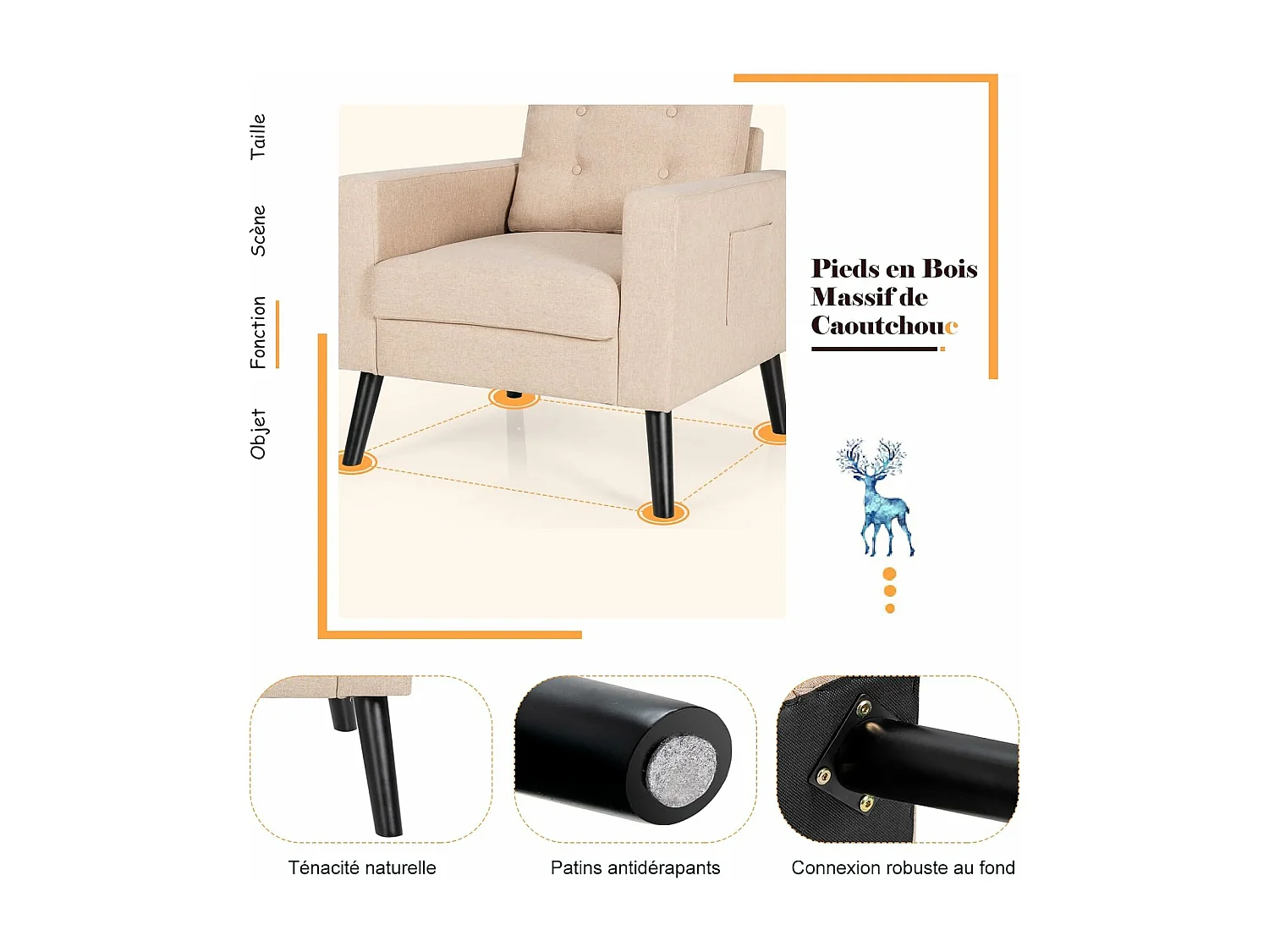 Fauteuil de Salon 1 Personne, Style Scandinave, Canapé 1 Place avec Pieds Bois d’Hévéa, 2 Poches Latérales, pour Salon, Bureau, Profondeur d'assise 53 cm (Beige)