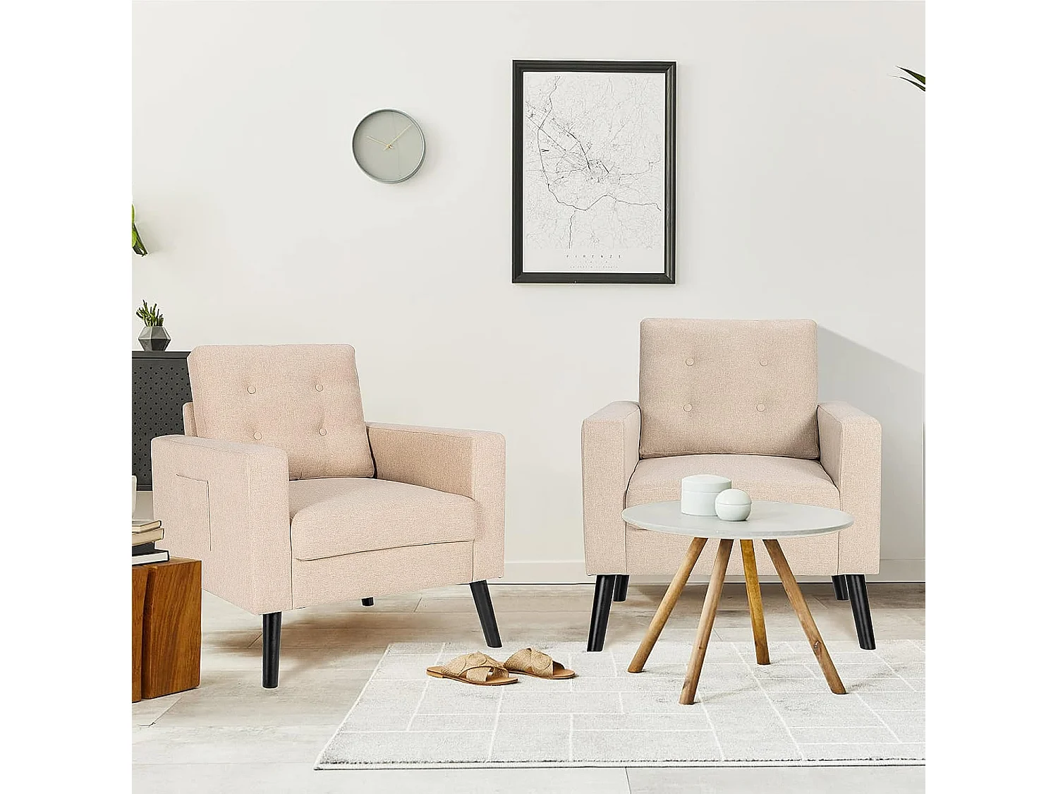 Fauteuil de Salon 1 Personne, Style Scandinave, Canapé 1 Place avec Pieds Bois d’Hévéa, 2 Poches Latérales, pour Salon, Bureau, Profondeur d'assise 53 cm (Beige)