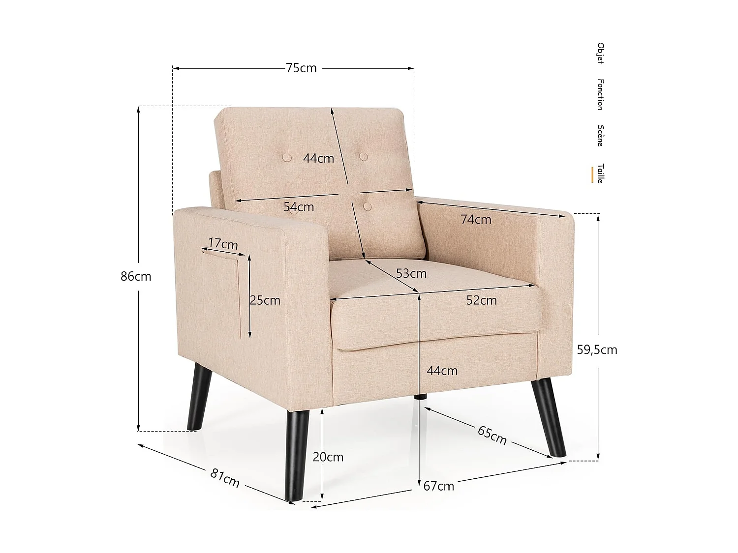 Fauteuil de Salon 1 Personne, Style Scandinave, Canapé 1 Place avec Pieds Bois d’Hévéa, 2 Poches Latérales, pour Salon, Bureau, Profondeur d'assise 53 cm (Beige)