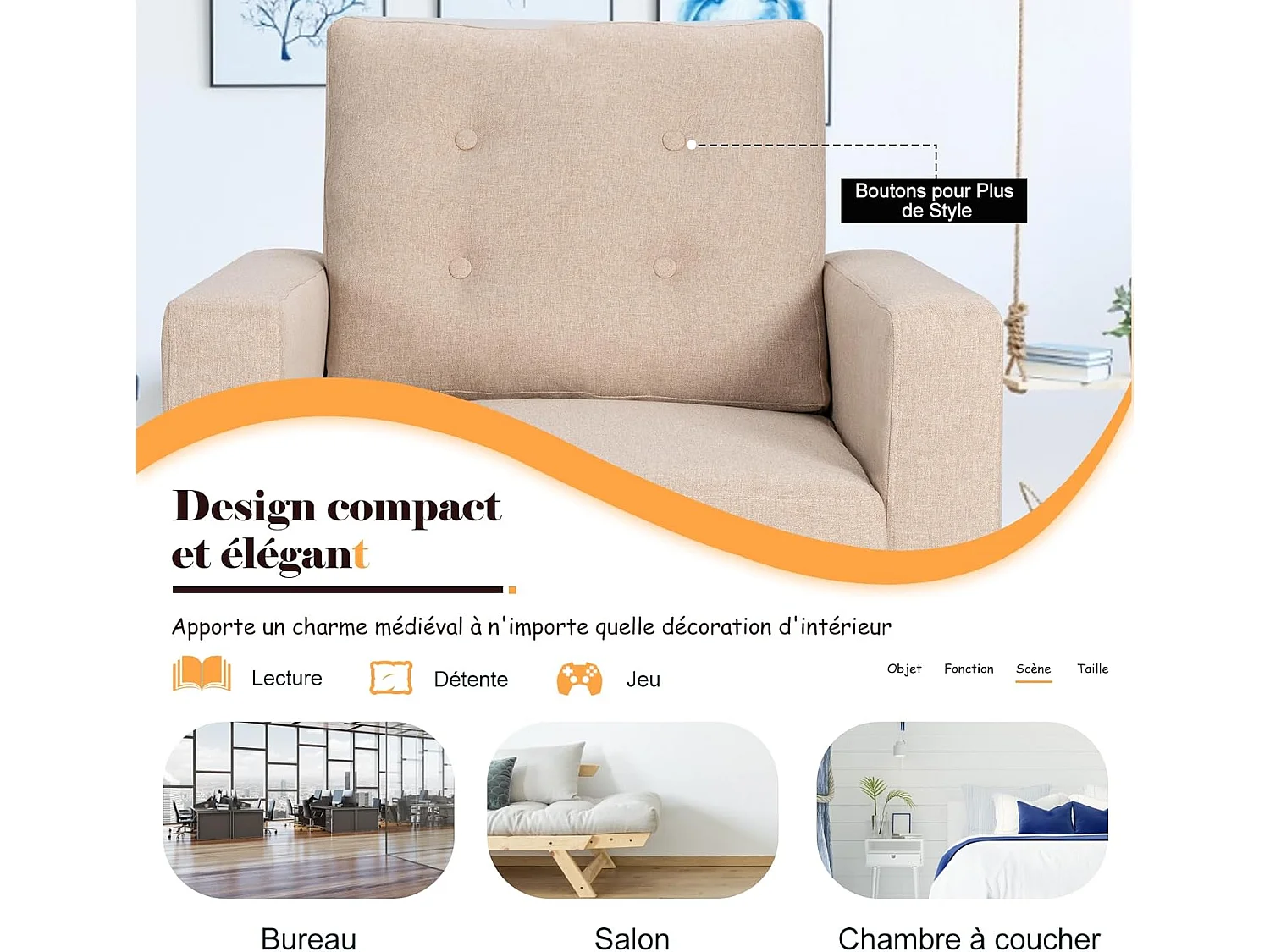 Fauteuil de Salon 1 Personne, Style Scandinave, Canapé 1 Place avec Pieds Bois d’Hévéa, 2 Poches Latérales, pour Salon, Bureau, Profondeur d'assise 53 cm (Beige)