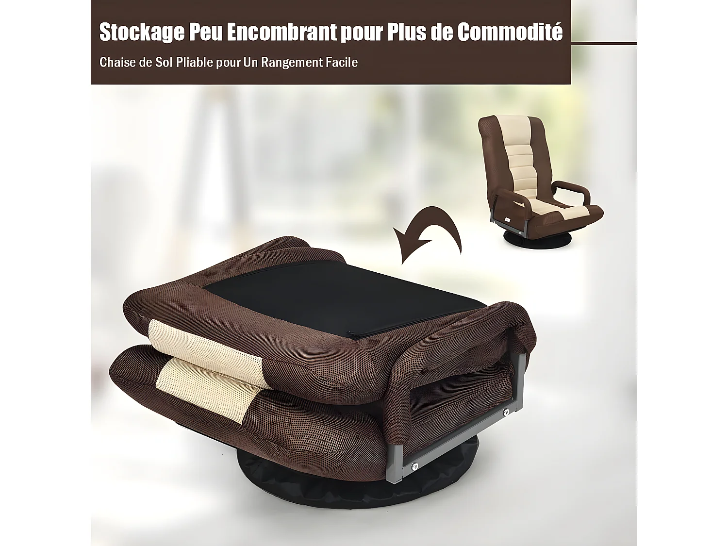 Fauteuil Pliable de Sol,Chaise de Jeu avec Dossier Réglable sur 6 Positions et Base Pivotante à 360°, Cadre en Fer Robuste Marron