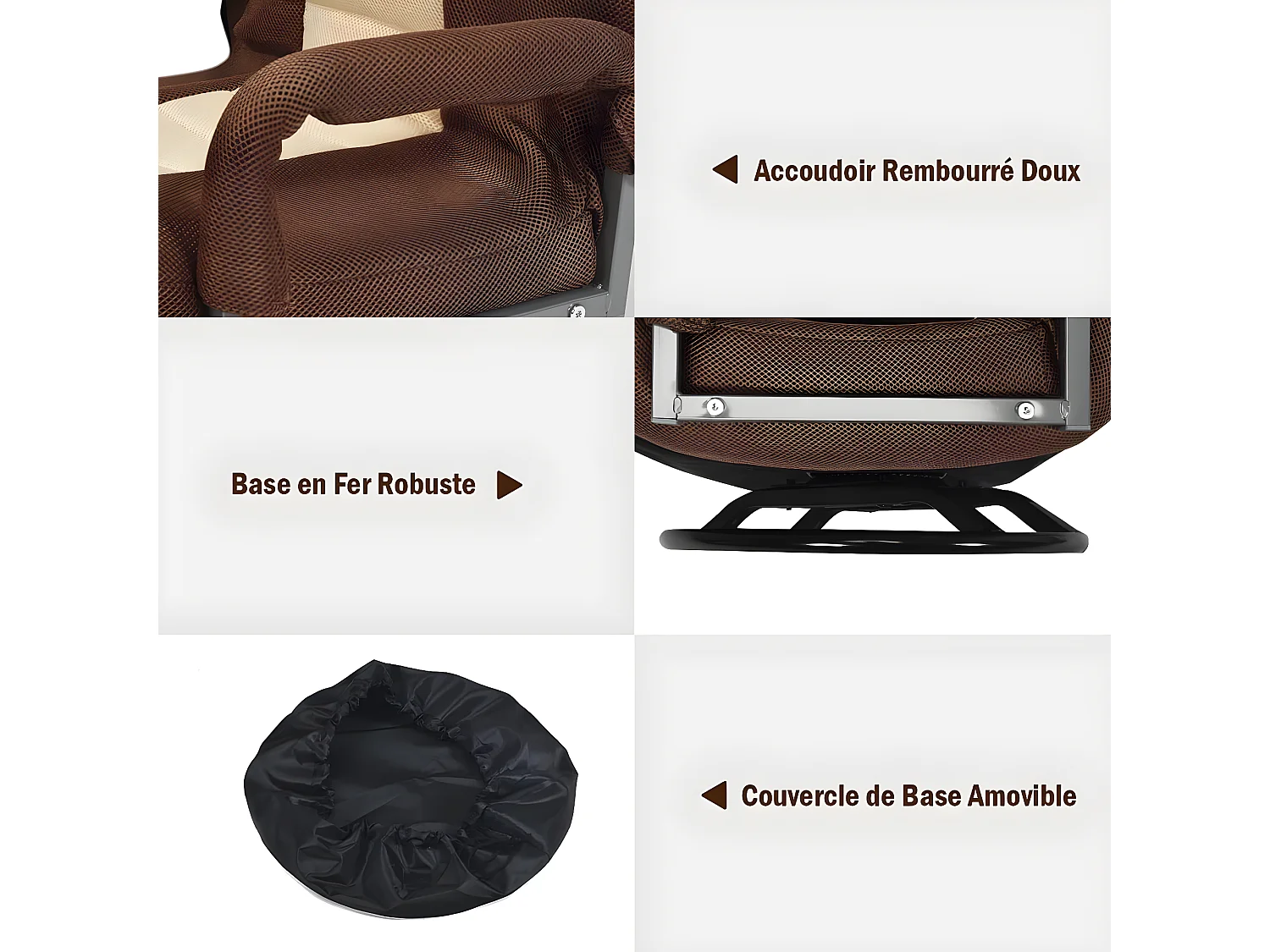 Fauteuil Pliable de Sol,Chaise de Jeu avec Dossier Réglable sur 6 Positions et Base Pivotante à 360°, Cadre en Fer Robuste Marron