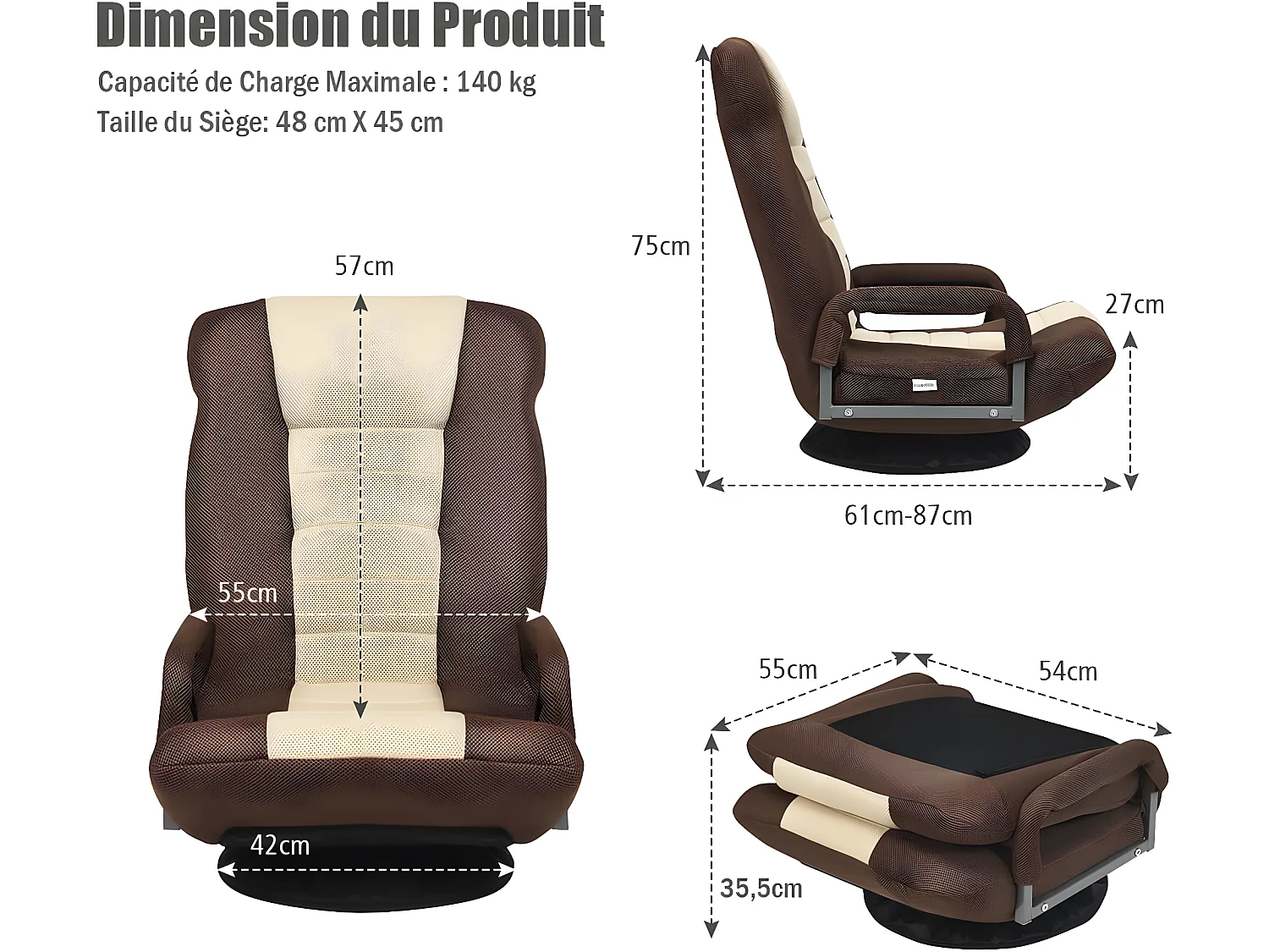 Fauteuil Pliable de Sol,Chaise de Jeu avec Dossier Réglable sur 6 Positions et Base Pivotante à 360°, Cadre en Fer Robuste Marron