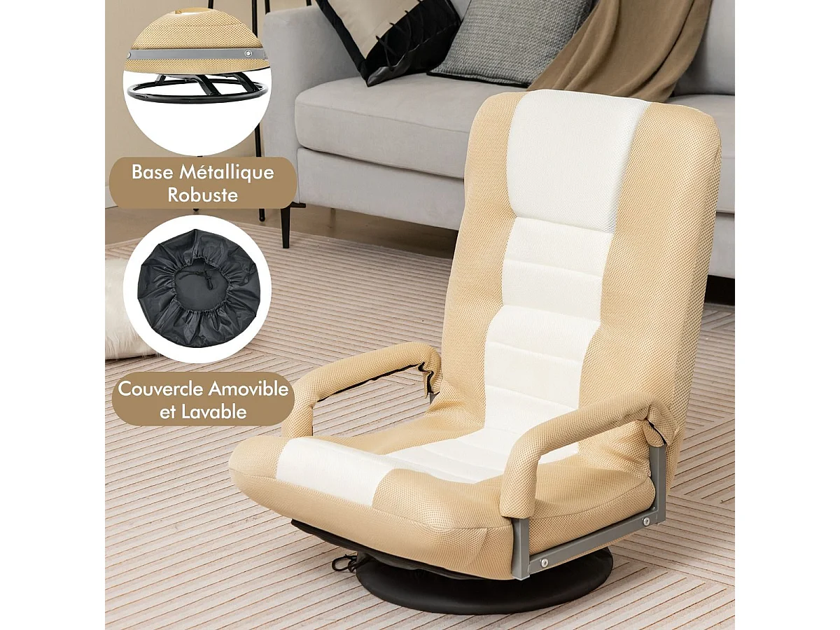 Fauteuil Pliable de Sol, Chaise de Jeu avec Dossier Réglable sur 6 Positions et Base Pivotante à 360°, Cadre en Métal Robuste (Brun Clair)