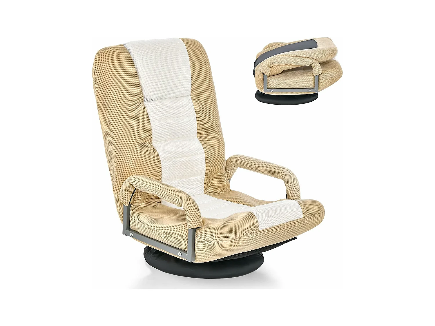 Fauteuil Pliable de Sol, Chaise de Jeu avec Dossier Réglable sur 6 Positions et Base Pivotante à 360°, Cadre en Métal Robuste (Brun Clair)