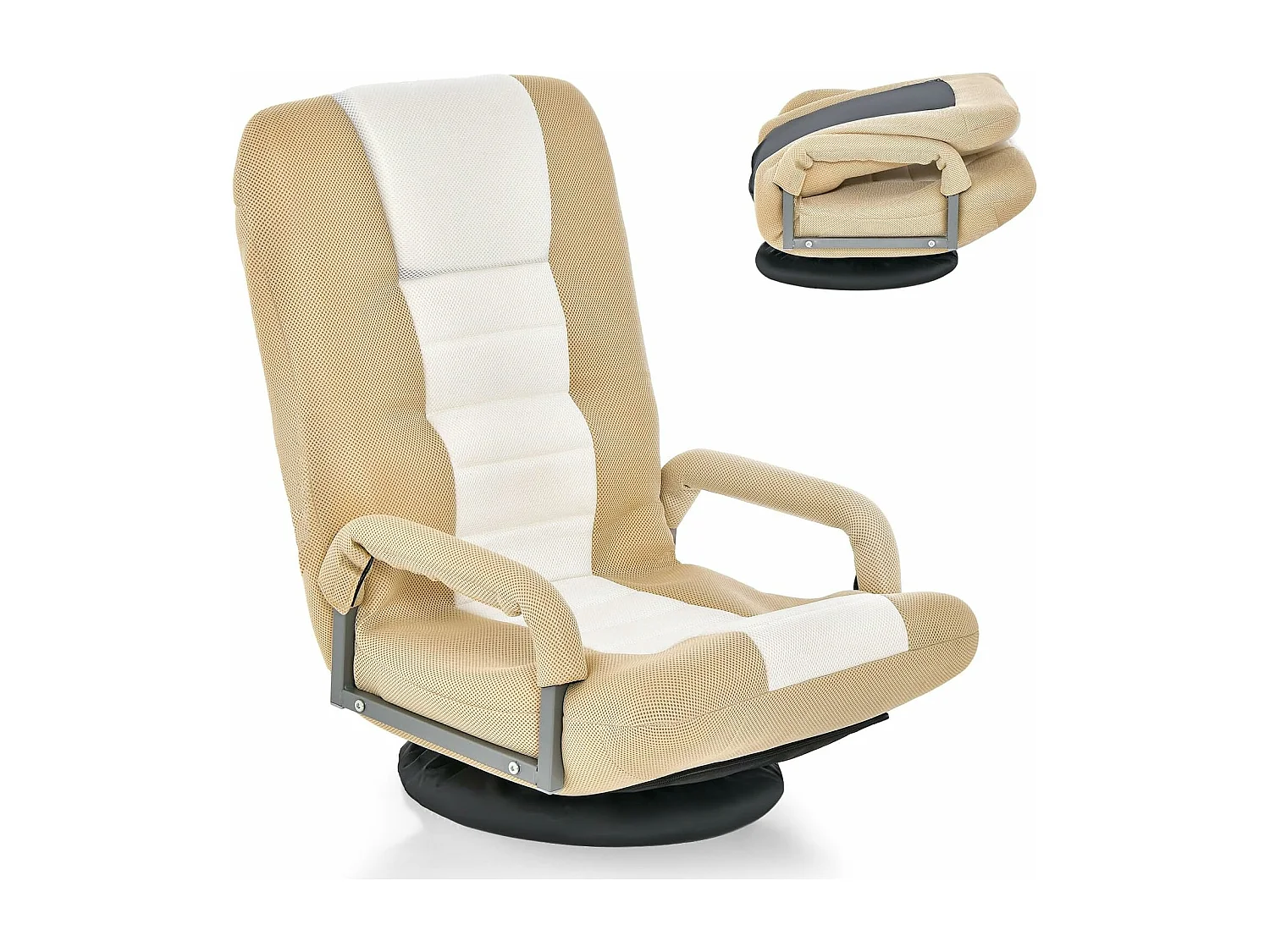 Fauteuil Pliable de Sol, Chaise de Jeu avec Dossier Réglable sur 6 Positions et Base Pivotante à 360°, Cadre en Métal Robuste (Brun Clair)