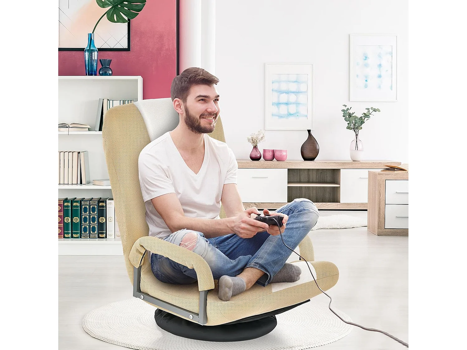 Fauteuil Pliable de Sol, Chaise de Jeu avec Dossier Réglable sur 6 Positions et Base Pivotante à 360°, Cadre en Métal Robuste (Brun Clair)