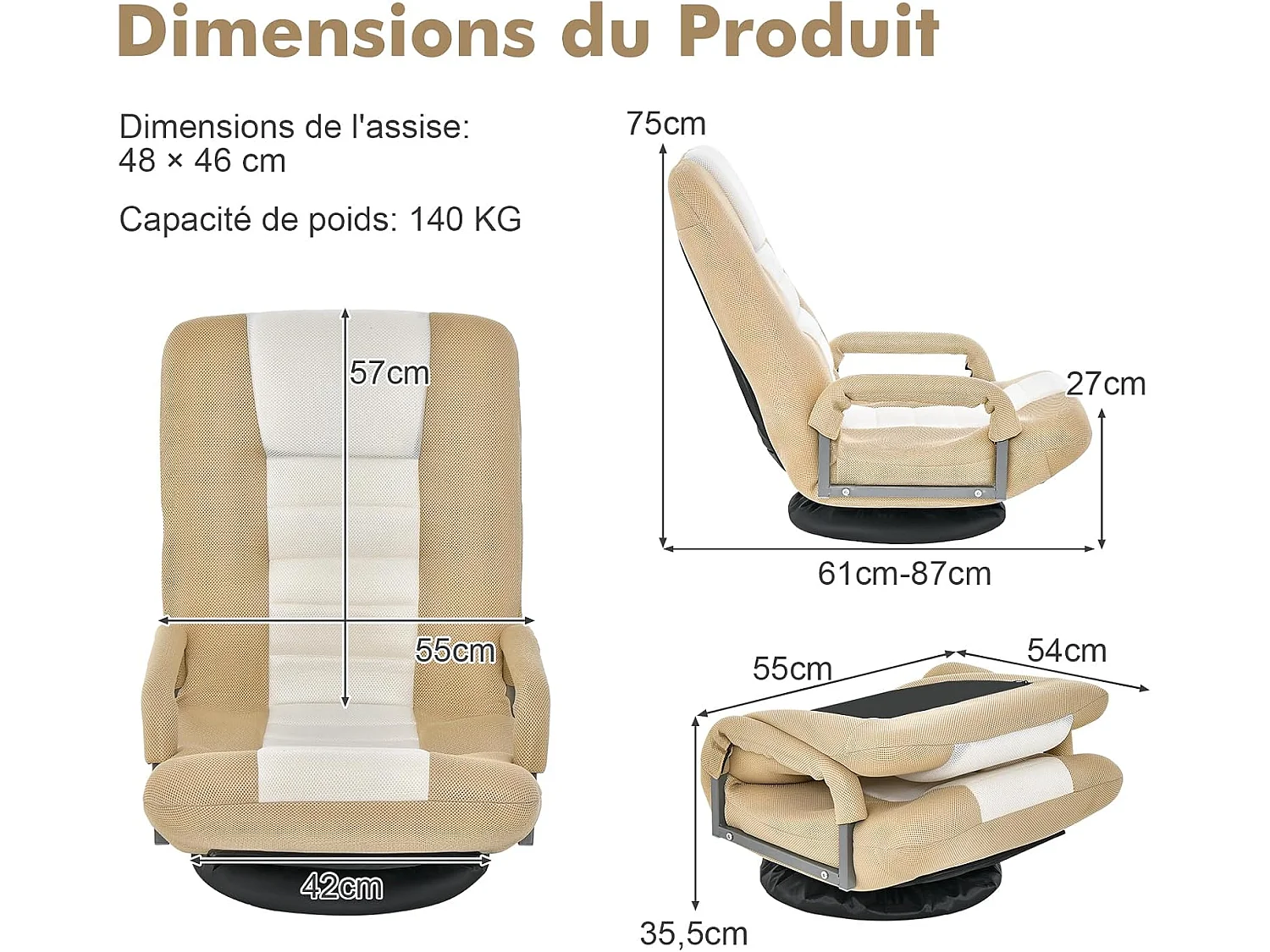 Fauteuil Pliable de Sol, Chaise de Jeu avec Dossier Réglable sur 6 Positions et Base Pivotante à 360°, Cadre en Métal Robuste (Brun Clair)