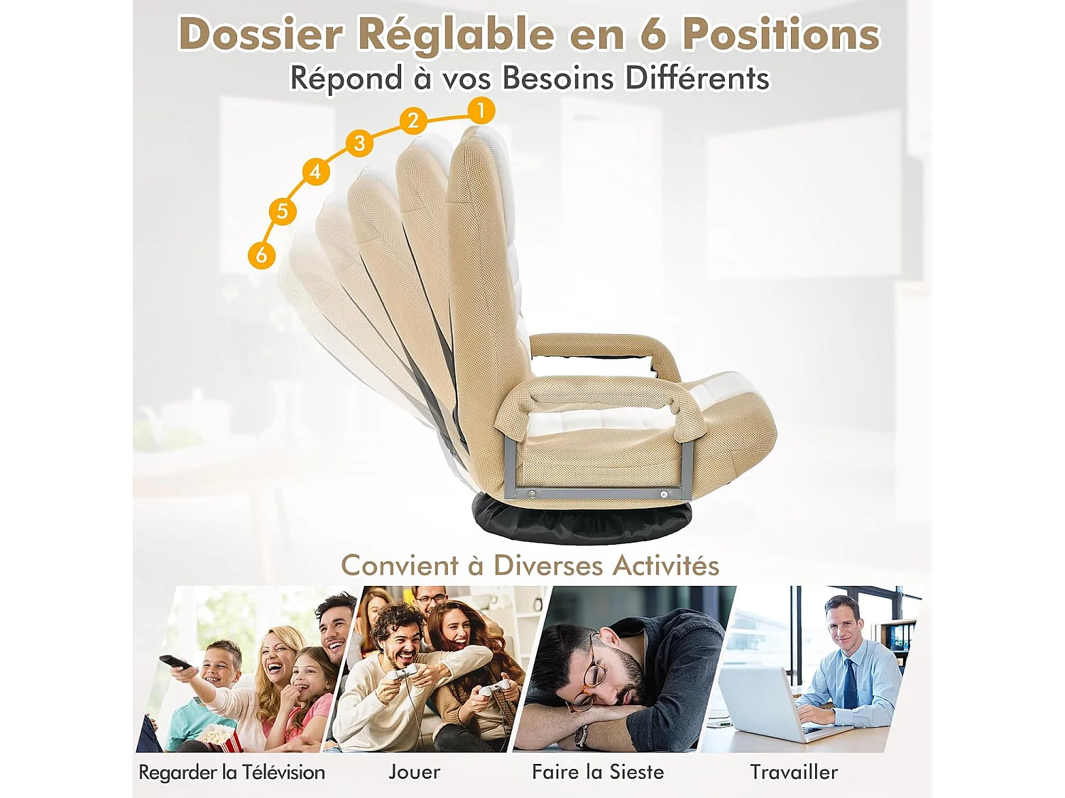 Fauteuil Pliable de Sol, Chaise de Jeu avec Dossier Réglable sur 6 Positions et Base Pivotante à 360°, Cadre en Métal Robuste (Brun Clair)