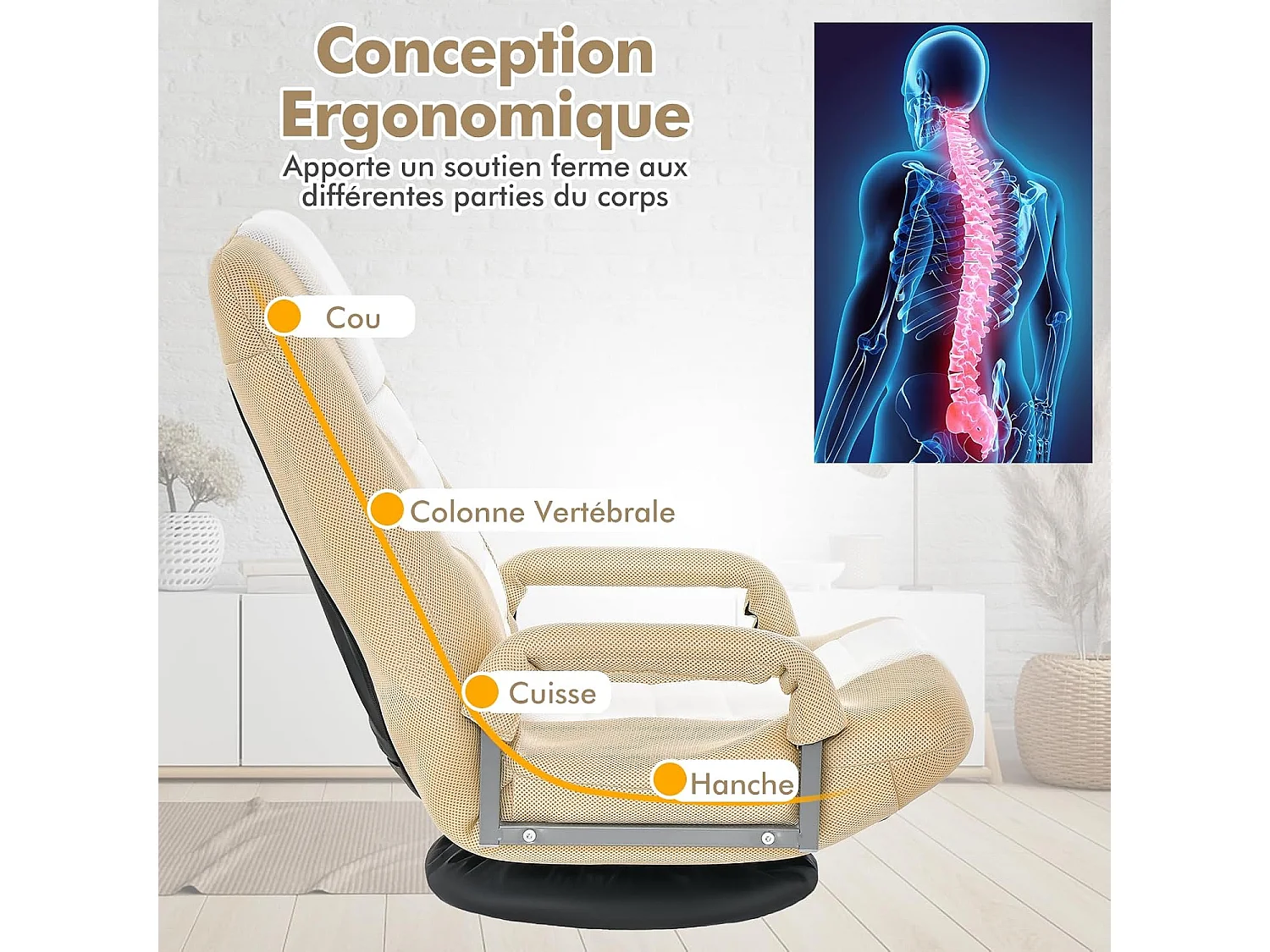Fauteuil Pliable de Sol, Chaise de Jeu avec Dossier Réglable sur 6 Positions et Base Pivotante à 360°, Cadre en Métal Robuste (Brun Clair)