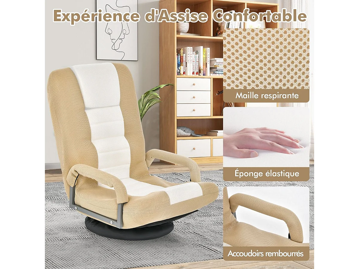 Fauteuil Pliable de Sol, Chaise de Jeu avec Dossier Réglable sur 6 Positions et Base Pivotante à 360°, Cadre en Métal Robuste (Brun Clair)