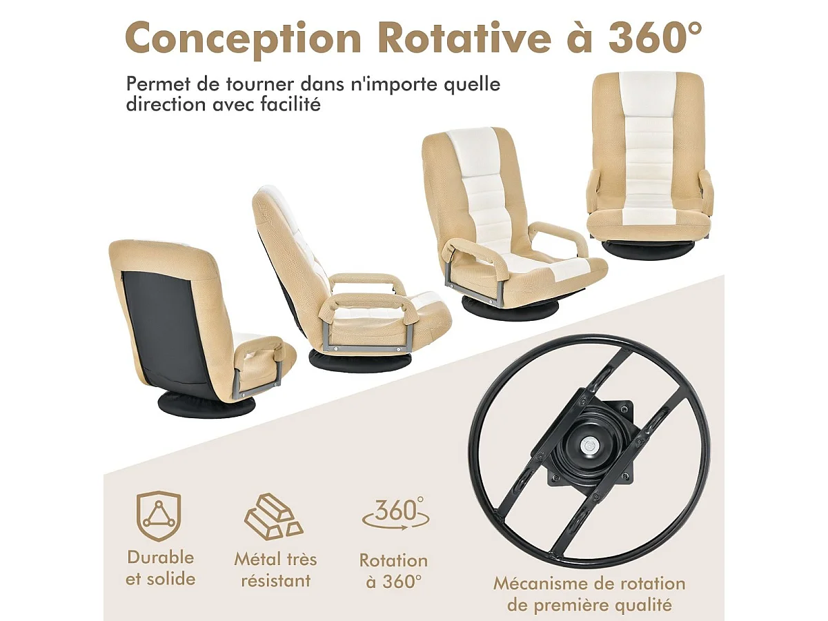 Fauteuil Pliable de Sol, Chaise de Jeu avec Dossier Réglable sur 6 Positions et Base Pivotante à 360°, Cadre en Métal Robuste (Brun Clair)