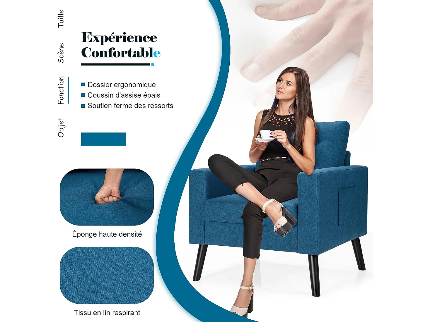 Fauteuil de Salon 1 Personne, Style Scandinave, Canapé 1 Place avec Pieds Bois d’Hévéa, 2 Poches Latérales, Profondeur d'assise 53 cm  (Bleu Canard)