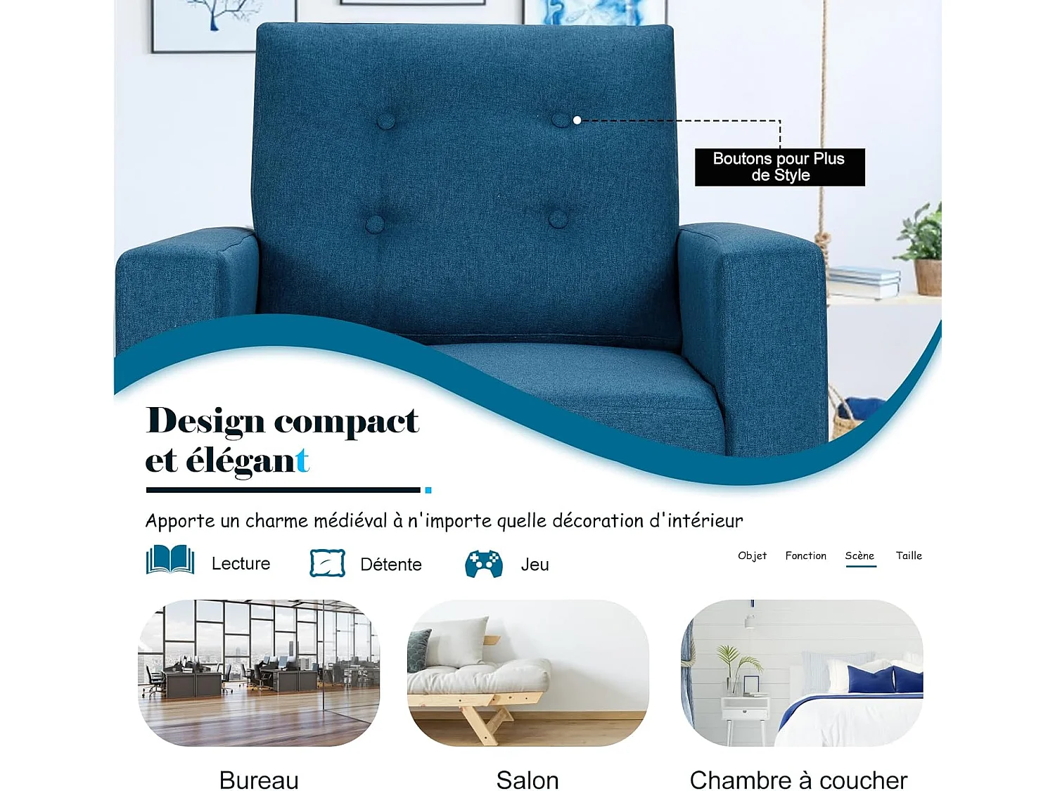 Fauteuil de Salon 1 Personne, Style Scandinave, Canapé 1 Place avec Pieds Bois d’Hévéa, 2 Poches Latérales, Profondeur d'assise 53 cm  (Bleu Canard)