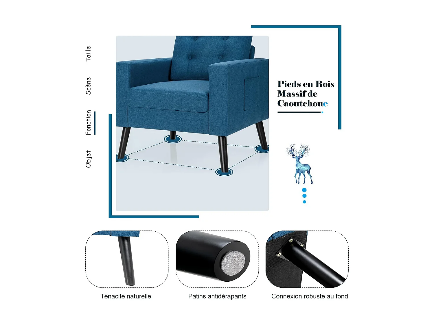 Fauteuil de Salon 1 Personne, Style Scandinave, Canapé 1 Place avec Pieds Bois d’Hévéa, 2 Poches Latérales, Profondeur d'assise 53 cm  (Bleu Canard)