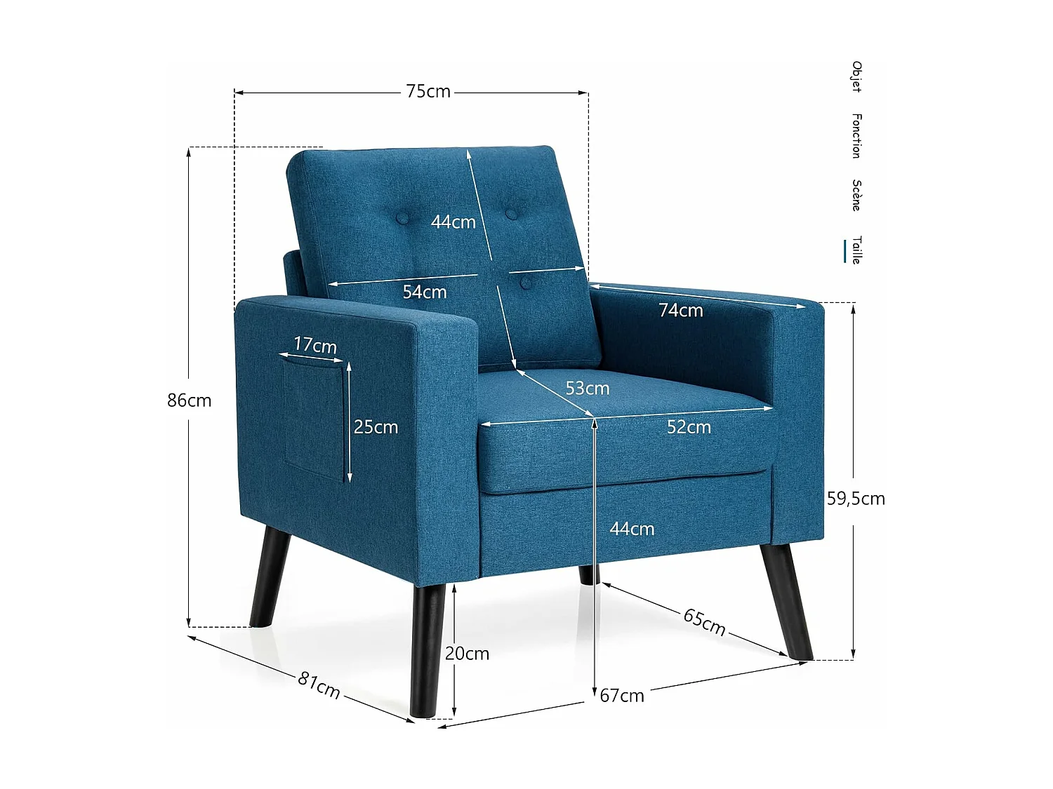 Fauteuil de Salon 1 Personne, Style Scandinave, Canapé 1 Place avec Pieds Bois d’Hévéa, 2 Poches Latérales, Profondeur d'assise 53 cm  (Bleu Canard)