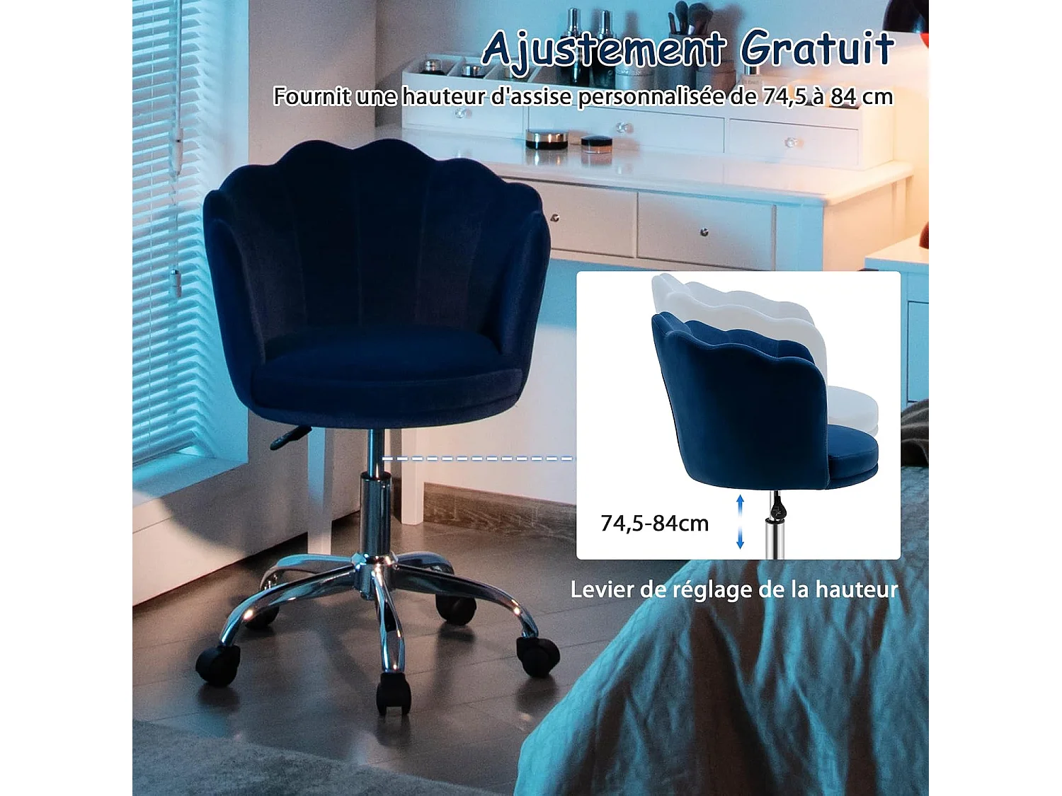 Fauteuil en Velours Réglable/Chaise de Coiffeuse de Loisir en Forme de Pétales à Dossier Moyen avec roulettes, pour Salon, Chambre et Salle de Réception, Bleu