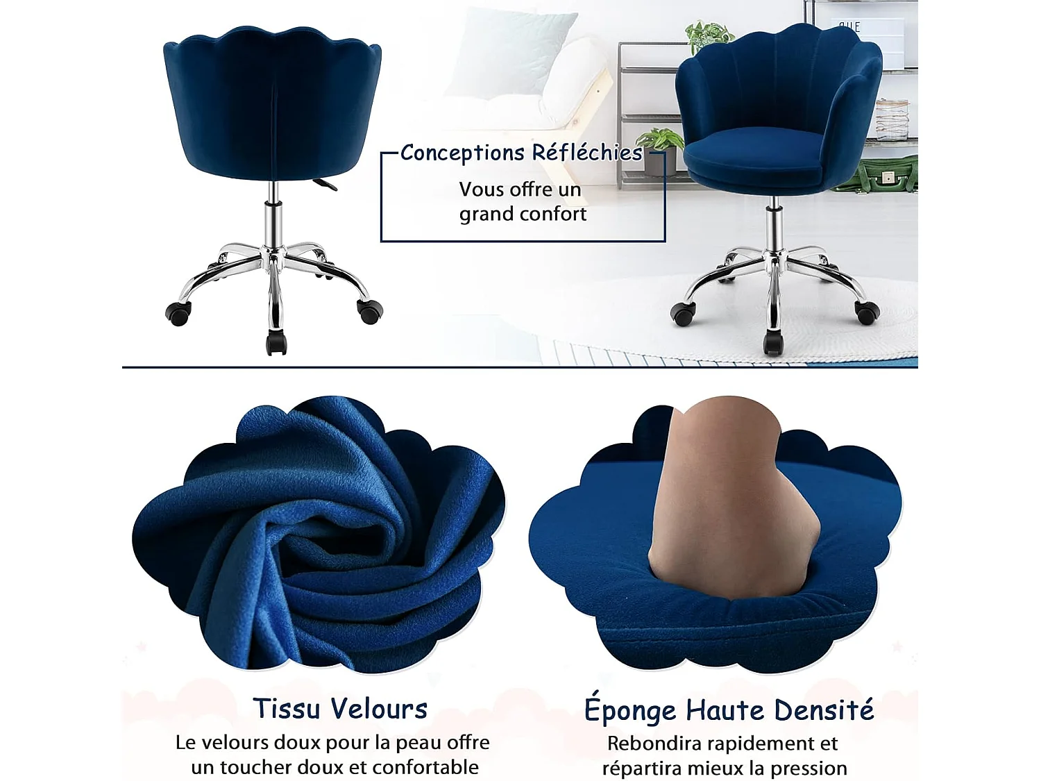 Fauteuil en Velours Réglable/Chaise de Coiffeuse de Loisir en Forme de Pétales à Dossier Moyen avec roulettes, pour Salon, Chambre et Salle de Réception, Bleu