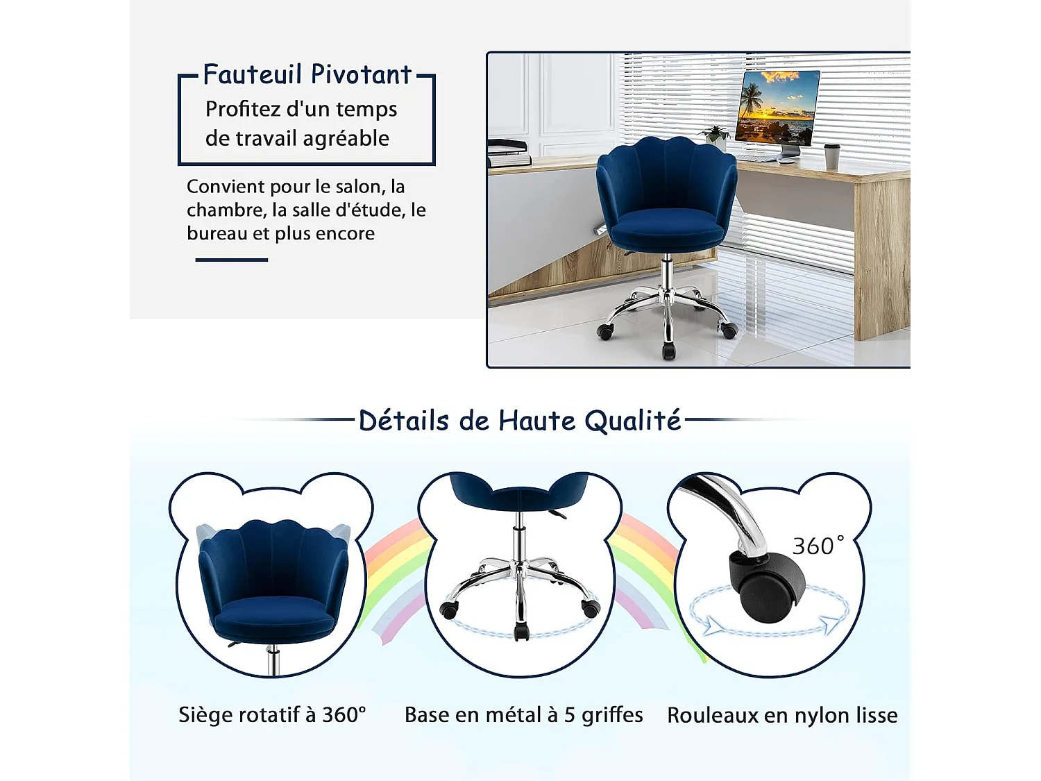 Fauteuil en Velours Réglable/Chaise de Coiffeuse de Loisir en Forme de Pétales à Dossier Moyen avec roulettes, pour Salon, Chambre et Salle de Réception, Bleu
