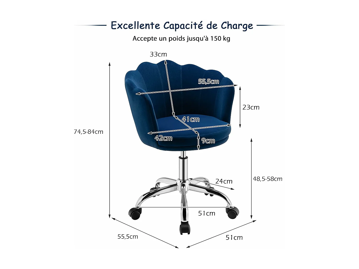 Fauteuil en Velours Réglable/Chaise de Coiffeuse de Loisir en Forme de Pétales à Dossier Moyen avec roulettes, pour Salon, Chambre et Salle de Réception, Bleu