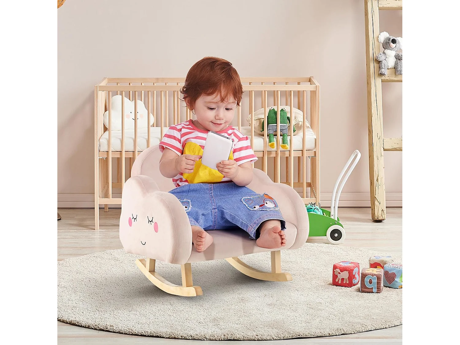 Fauteuil Enfant en Peluche avec Dossier & Accoudoirs Confortable (Fauteuil à Bascule, Rose Clair)