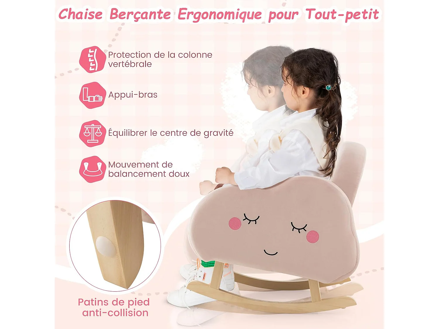 Fauteuil Enfant en Peluche avec Dossier & Accoudoirs Confortable (Fauteuil à Bascule, Rose Clair)