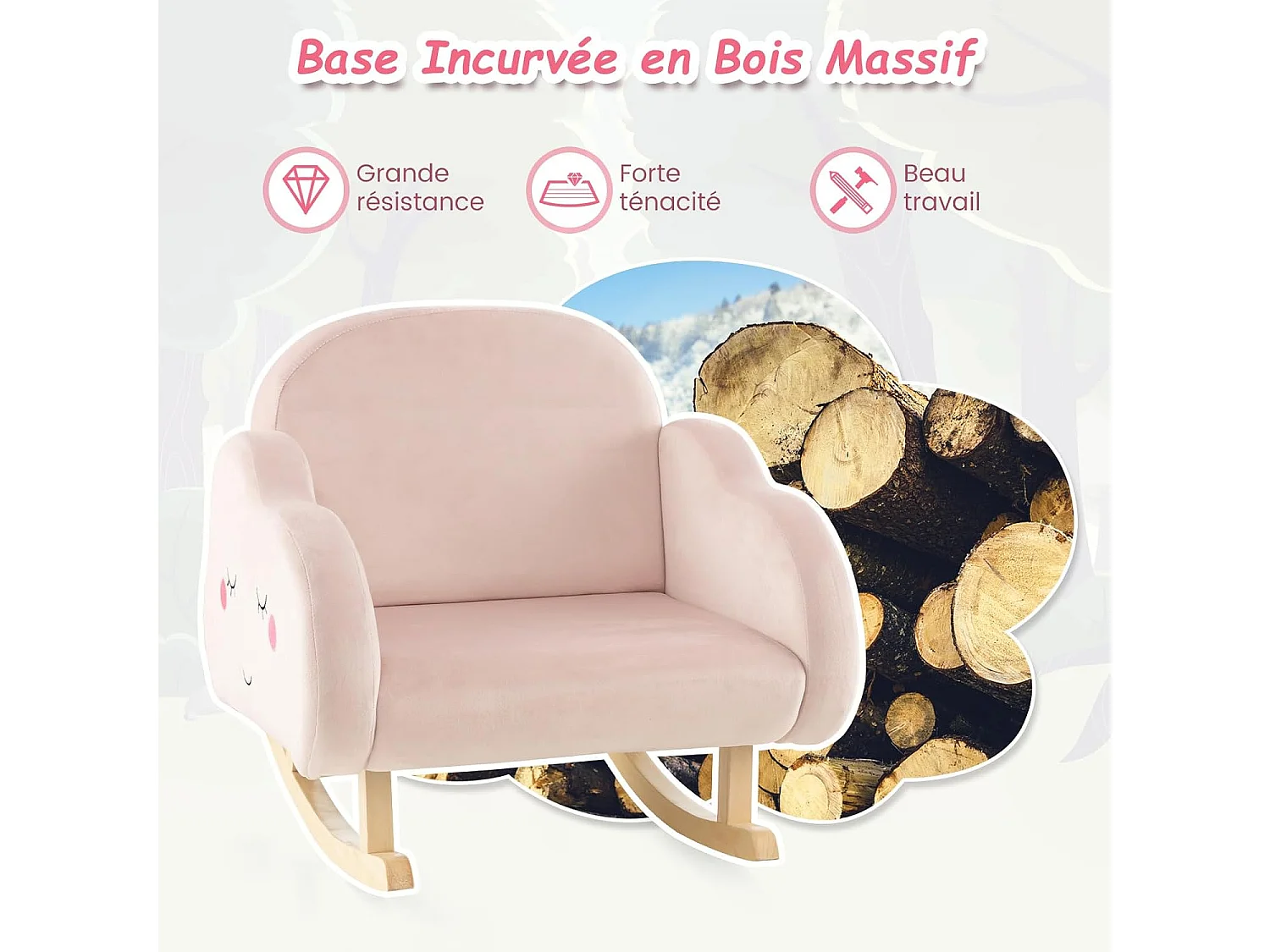 Fauteuil Enfant en Peluche avec Dossier & Accoudoirs Confortable (Fauteuil à Bascule, Rose Clair)