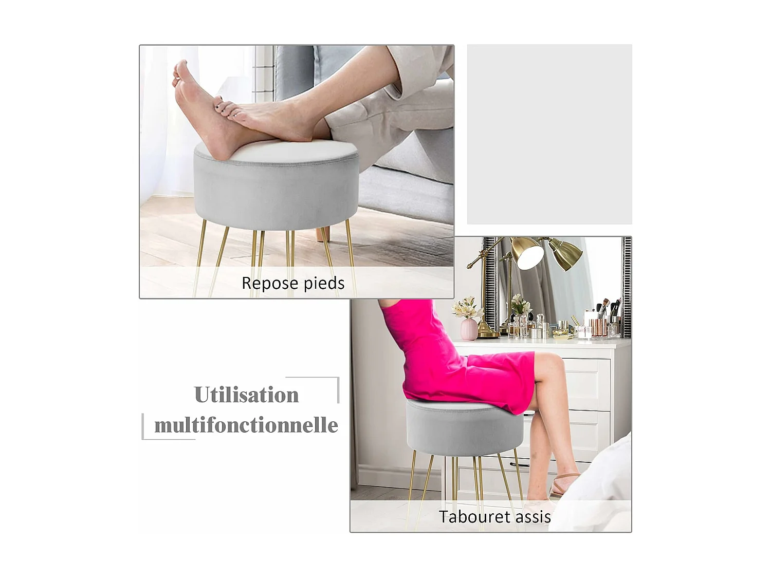 Pouf Tabouret Rond Ø39cm, en Velours avec Pieds Métalliques Robustes, Idéal pour Salon ou Chambre