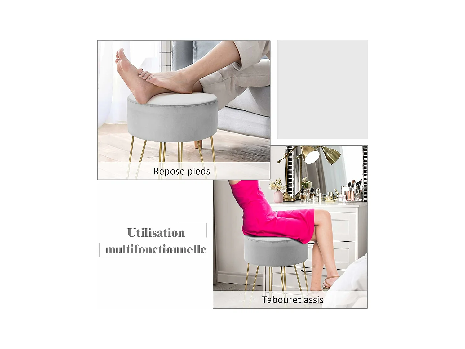 Pouf Tabouret Rond Ø39cm, en Velours avec Pieds Métalliques Robustes, Idéal pour Salon ou Chambre
