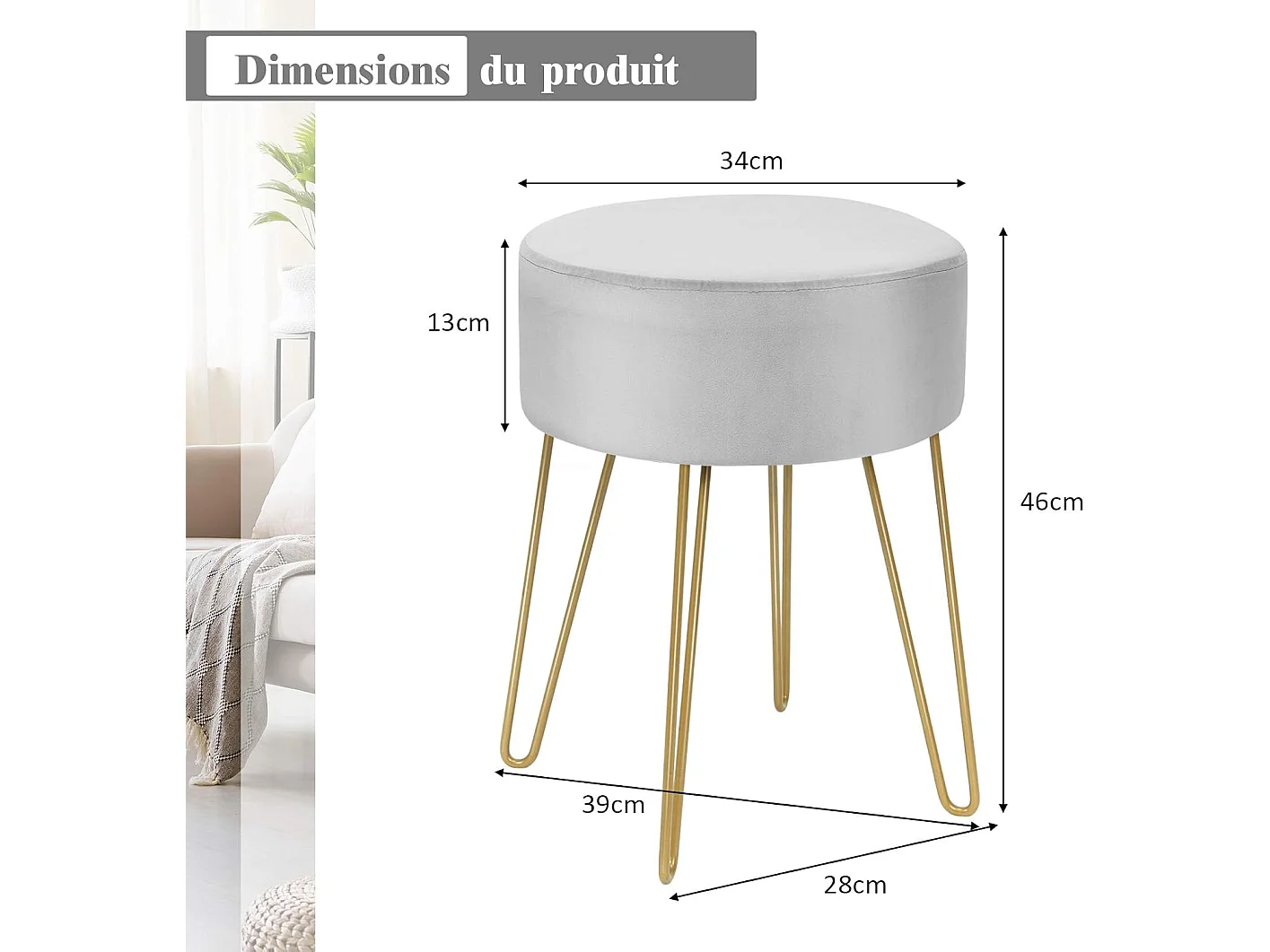 Pouf Tabouret Rond Ø39cm, en Velours avec Pieds Métalliques Robustes, Idéal pour Salon ou Chambre