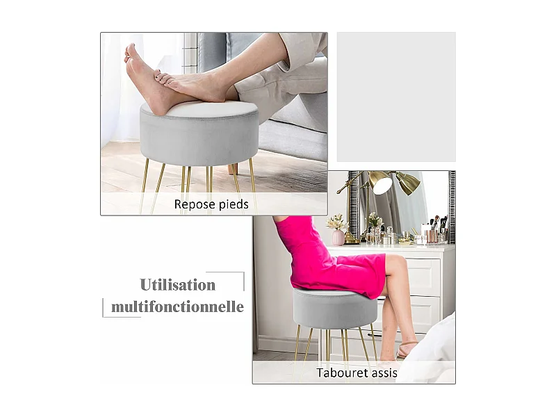 Pouf Tabouret Rond Ø39cm, en Velours avec Pieds Métalliques Robustes, Idéal pour Salon ou Chambre
