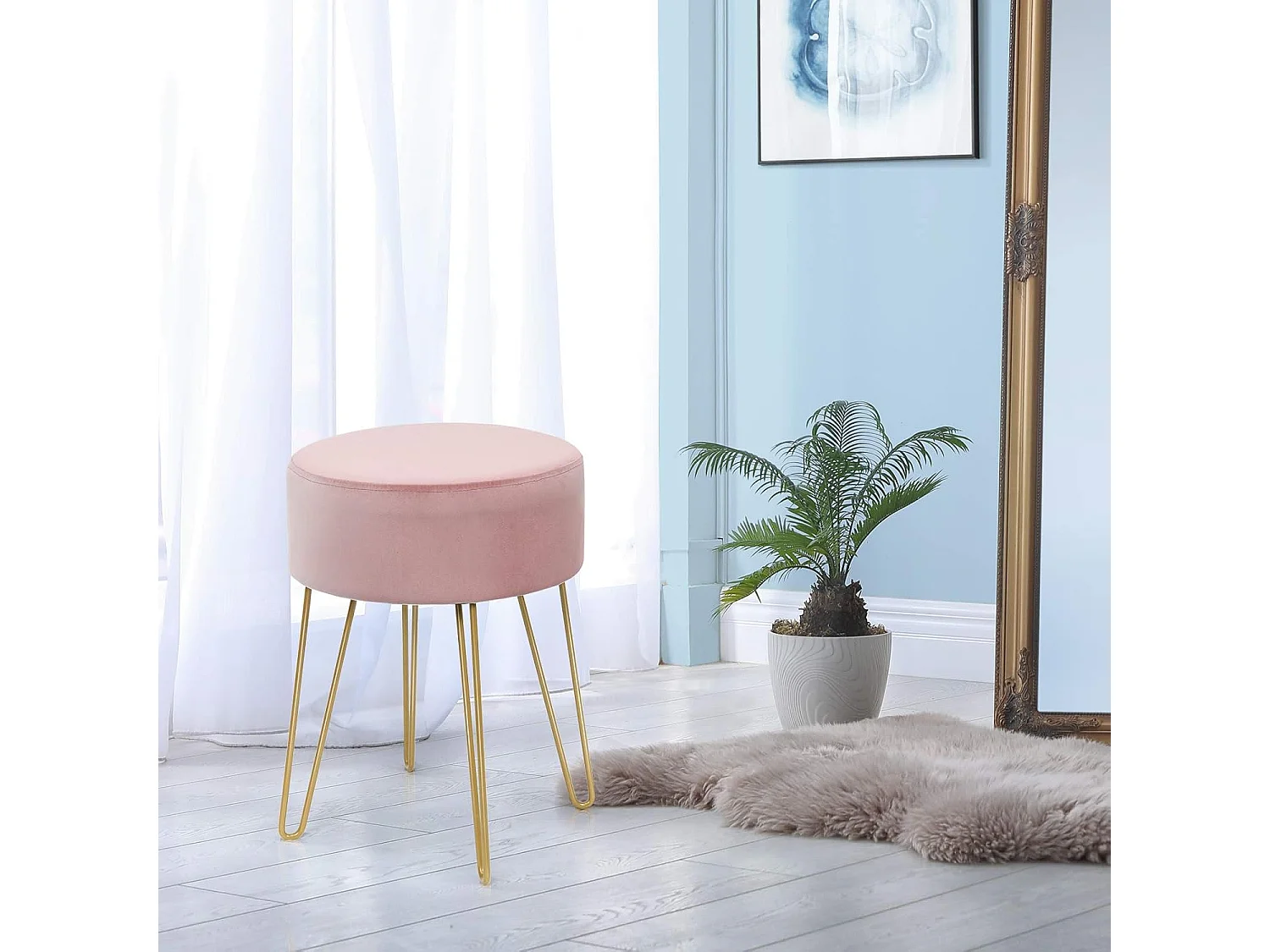 Pouf Tabouret Rond Ø39cm, en Velours avec Pieds Métalliques Robustes, Idéal pour Salon ou Chambre
