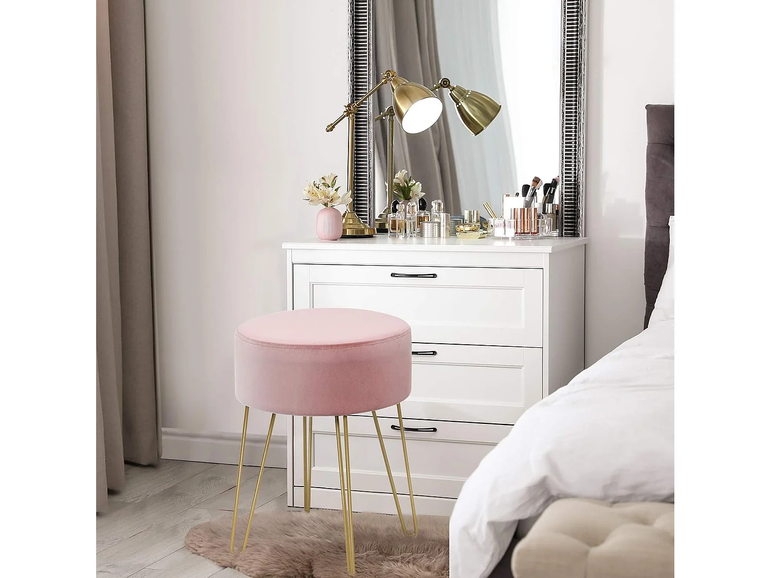 Pouf Tabouret Rond Ø39cm, en Velours avec Pieds Métalliques Robustes, Idéal pour Salon ou Chambre