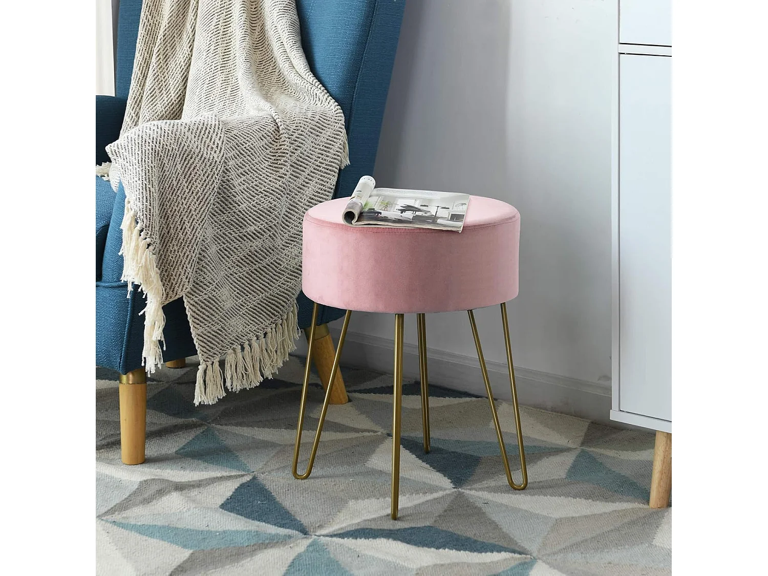 Pouf Tabouret Rond Ø39cm, en Velours avec Pieds Métalliques Robustes, Idéal pour Salon ou Chambre