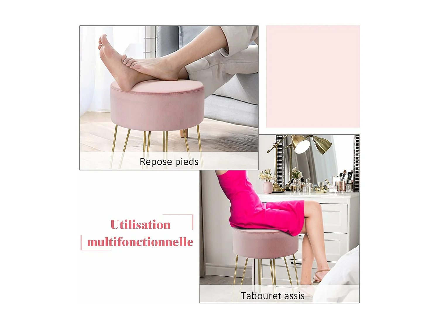 Pouf Tabouret Rond Ø39cm, en Velours avec Pieds Métalliques Robustes, Idéal pour Salon ou Chambre