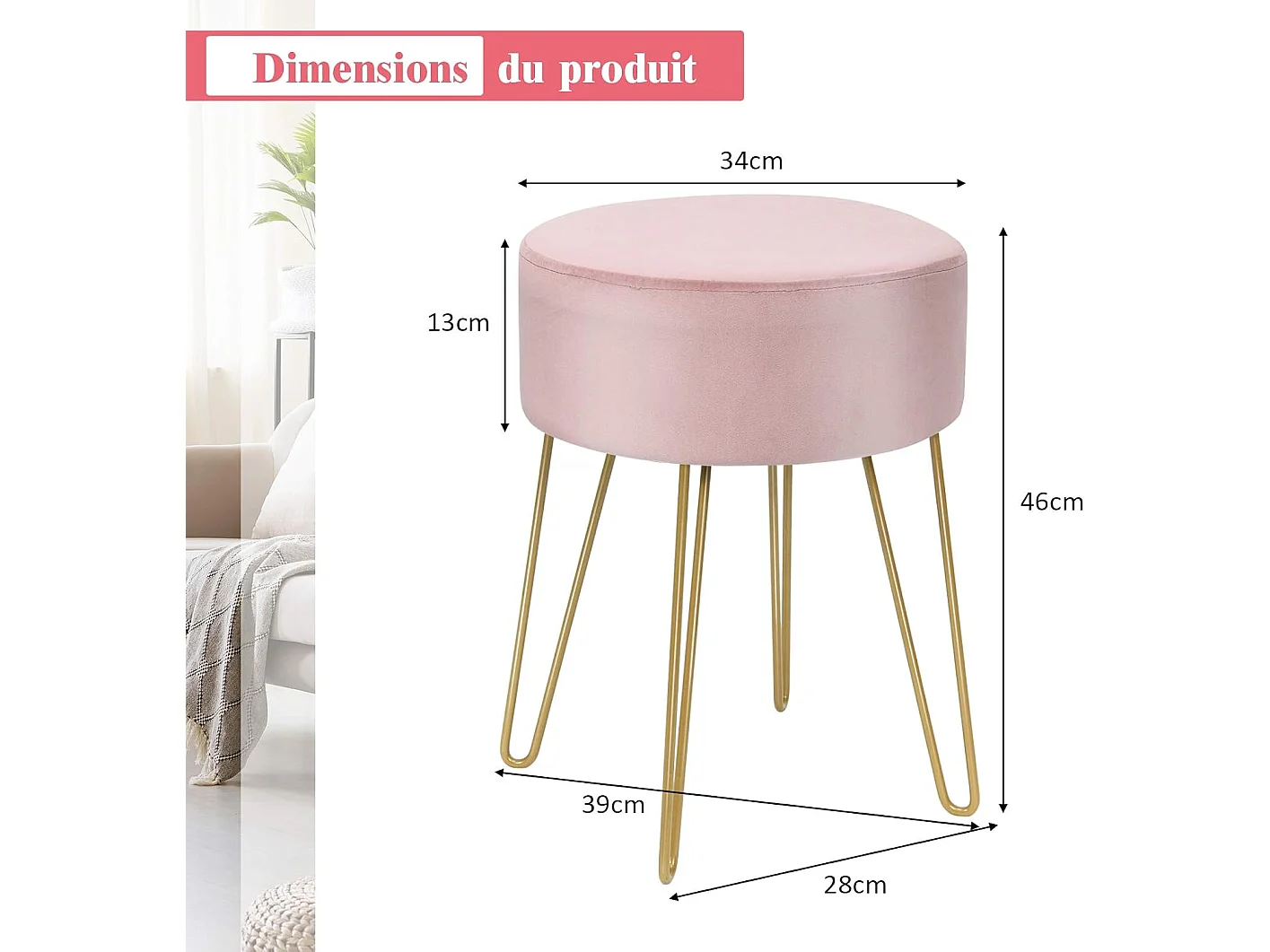 Pouf Tabouret Rond Ø39cm, en Velours avec Pieds Métalliques Robustes, Idéal pour Salon ou Chambre