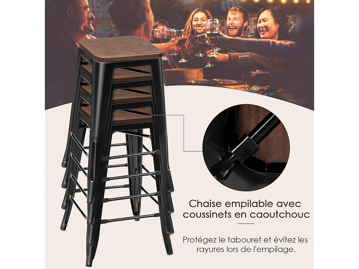 4 Tabouret Bar Empilable de Style Industriel-Siège en Bois d'orme-Aucune installation n'est nécessaire-Charge 150 KG
