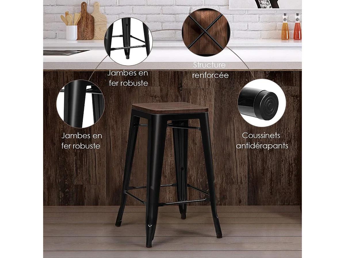 4 Tabouret Bar Empilable de Style Industriel-Siège en Bois d'orme-Aucune installation n'est nécessaire-Charge 150 KG