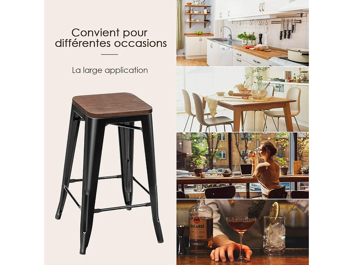 4 Tabouret Bar Empilable de Style Industriel-Siège en Bois d'orme-Aucune installation n'est nécessaire-Charge 150 KG