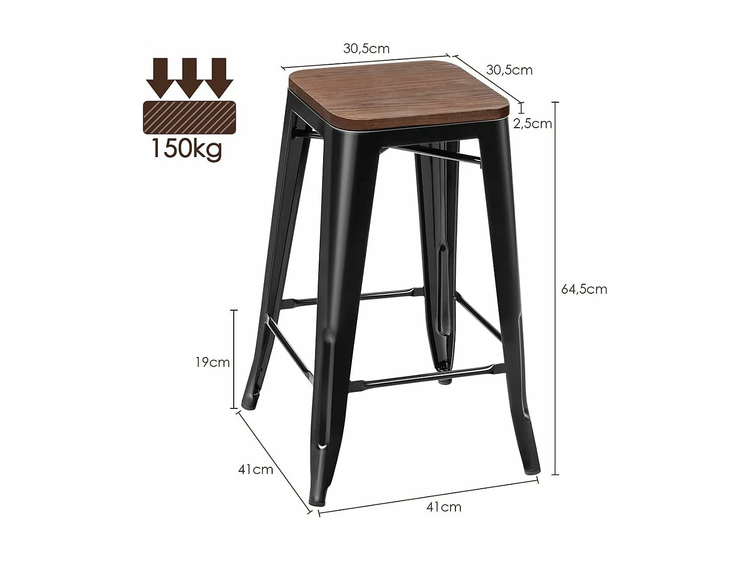 4 Tabouret Bar Empilable de Style Industriel-Siège en Bois d'orme-Aucune installation n'est nécessaire-Charge 150 KG