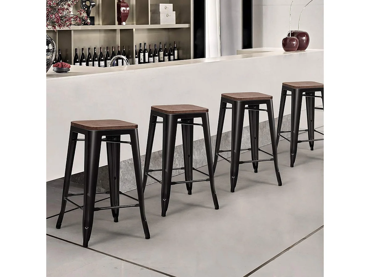 4 Tabouret Bar Empilable de Style Industriel-Siège en Bois d'orme-Aucune installation n'est nécessaire-Charge 150 KG