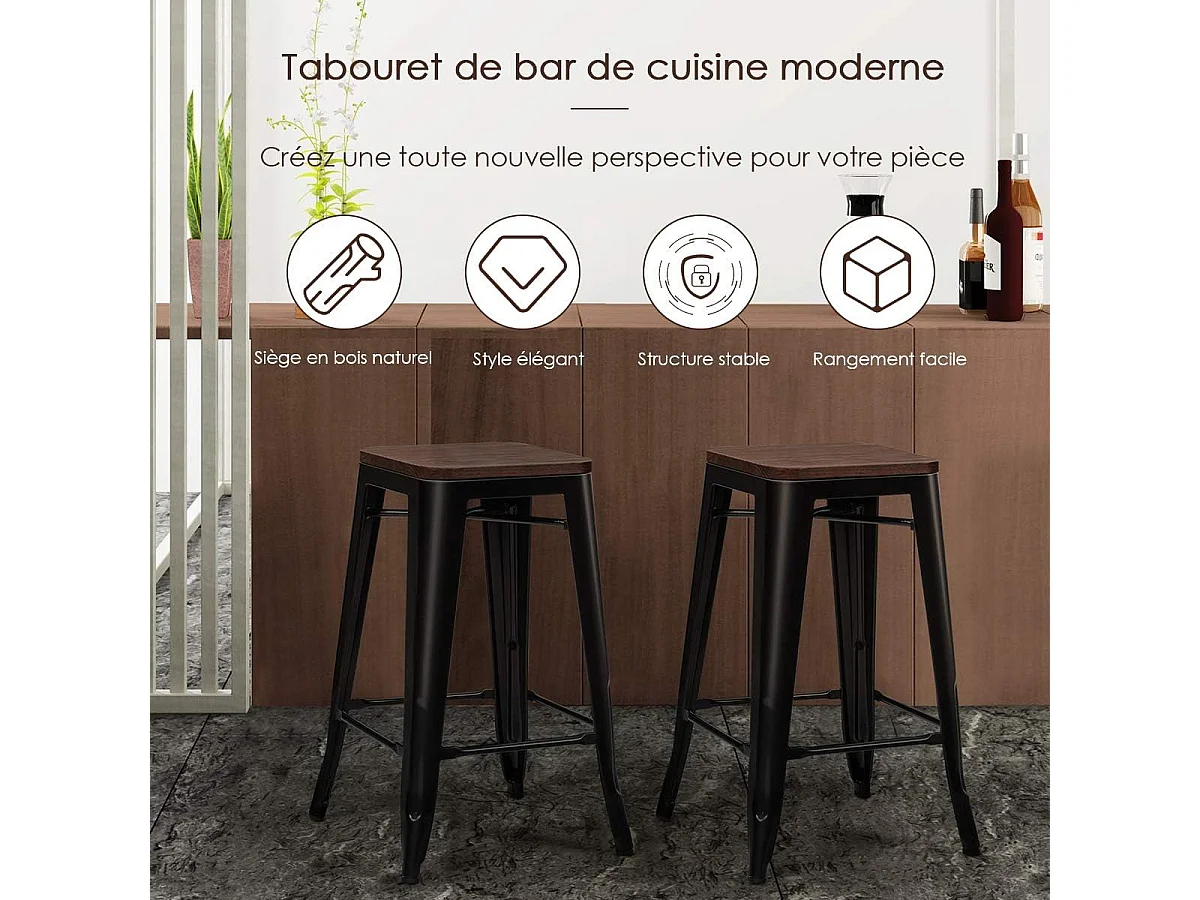4 Tabouret Bar Empilable de Style Industriel-Siège en Bois d'orme-Aucune installation n'est nécessaire-Charge 150 KG
